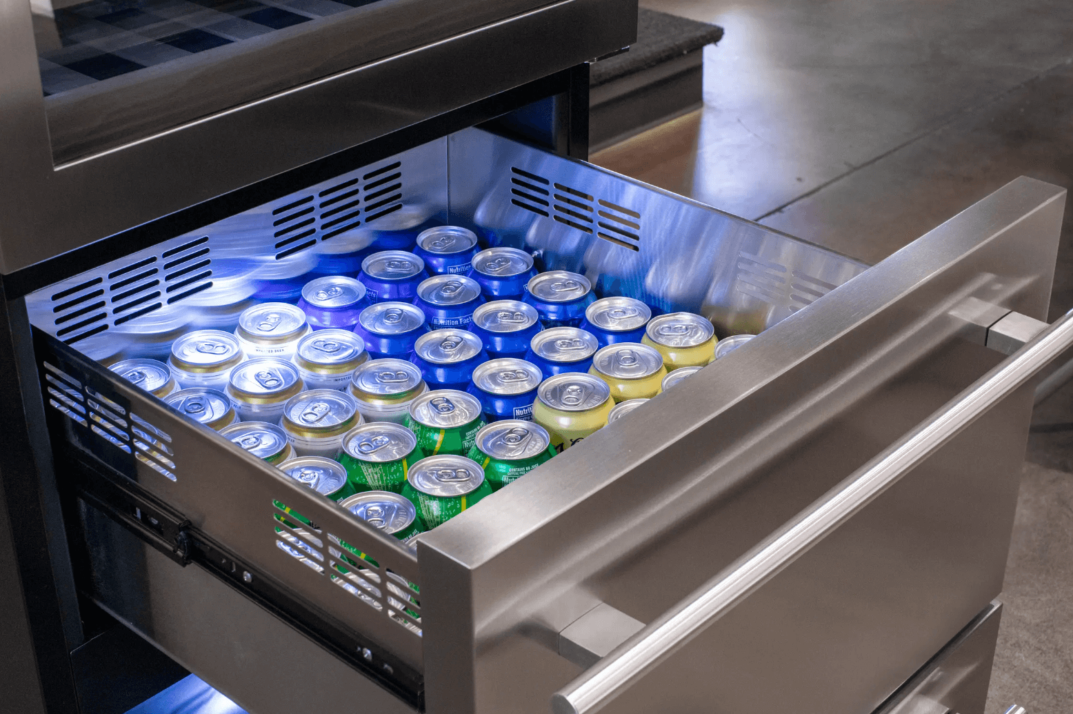 Allavino 108 Bottle Black or Stainless Wine Refrigerator with Two Refrigerated Drawers image of beverage drawer filled with bottles and cans