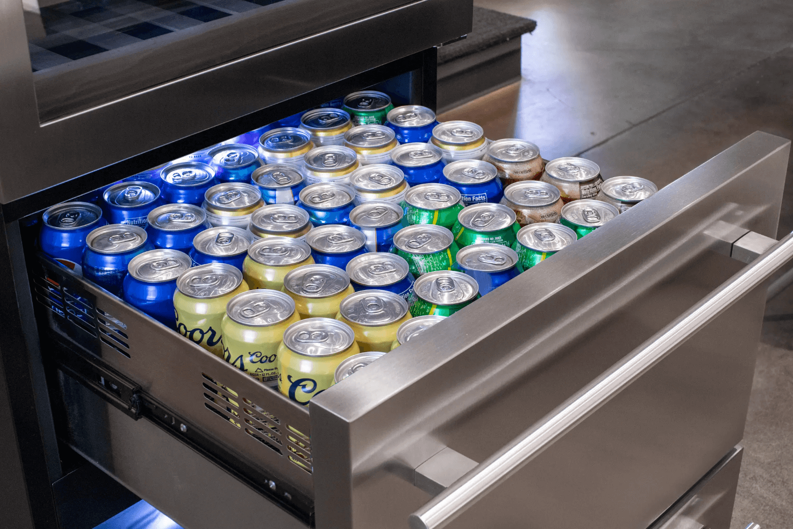 Allavino 108 Bottle Black or Stainless Wine Refrigerator with Two Refrigerated Drawers image of beverage drawer filled with bottles and cans