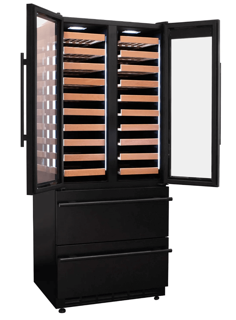 Allavino 100 Bottle Black French Doors Dual Zone Wine Refrigerator with Two Refrigerated Drawers
