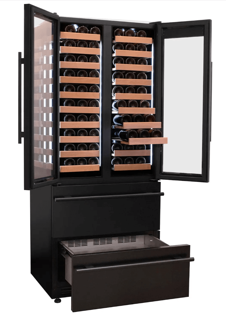 Allavino 100 Bottle Black French Doors Dual Zone Wine Refrigerator with Two Refrigerated Drawers