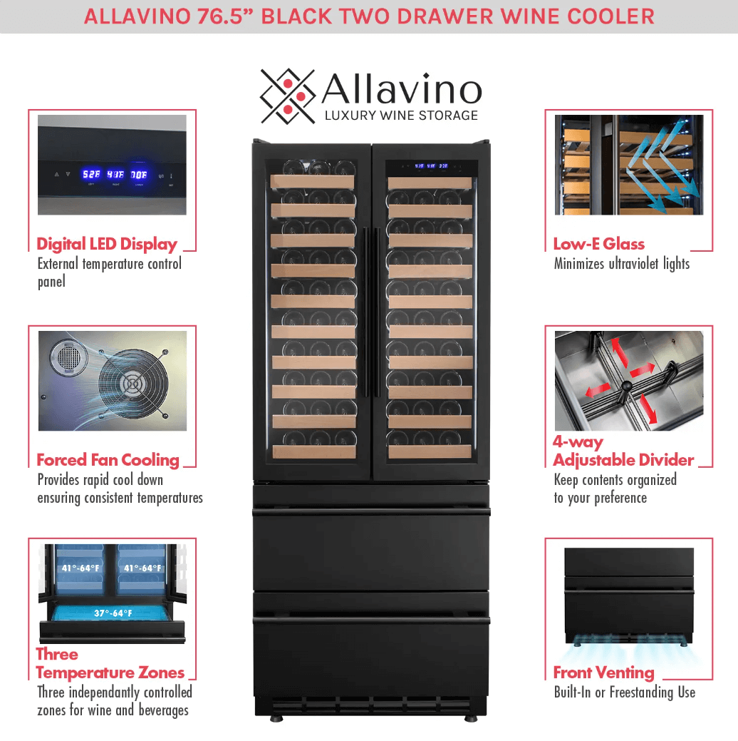Allavino 100 Bottle Black French Doors Dual Zone Wine Refrigerator with Two Refrigerated Drawers image of product brochure