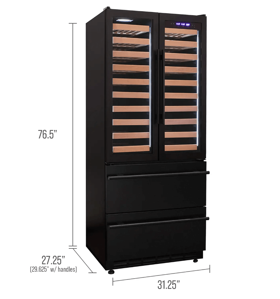 Allavino 100 Bottle Black French Doors Dual Zone Wine Refrigerator with Two Refrigerated Drawers