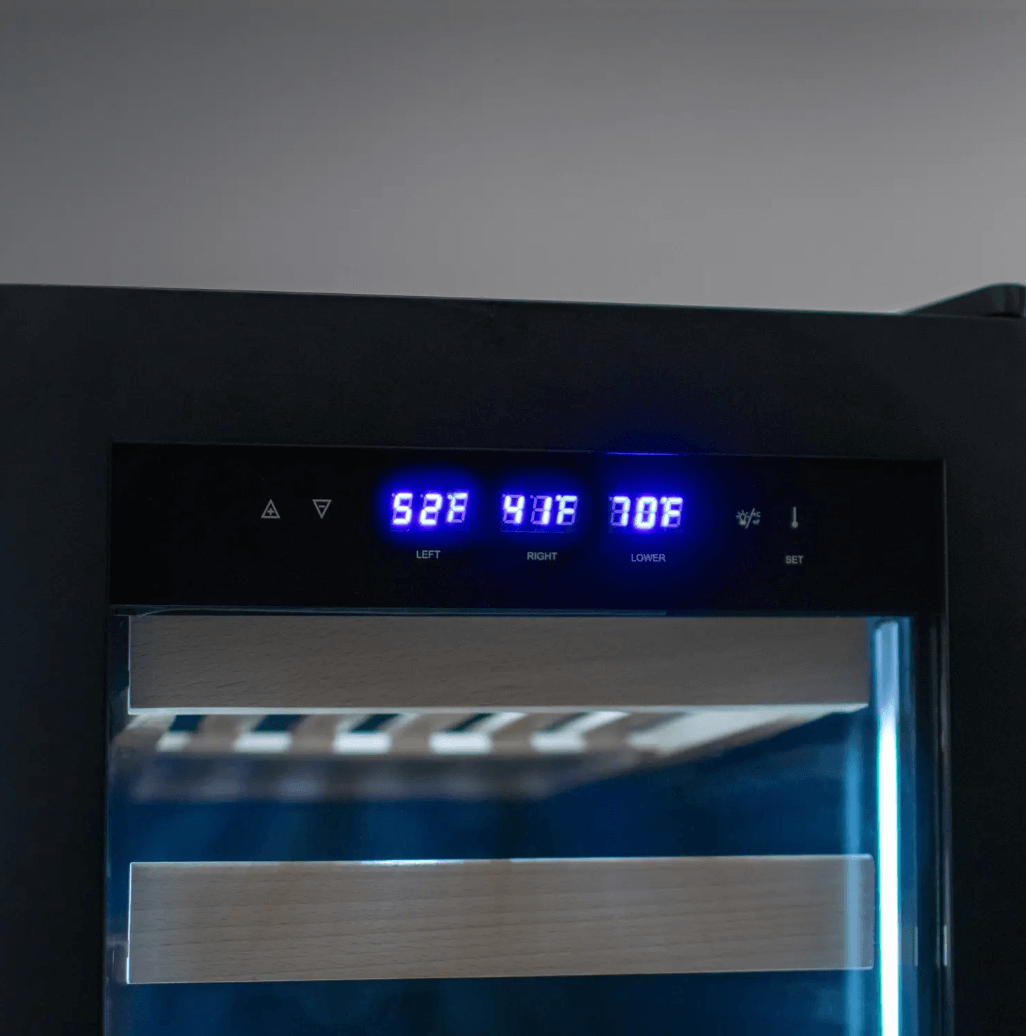 Allavino 100 Bottle Black French Doors Dual Zone Wine Refrigerator with Two Refrigerated Drawers image of temperature readout