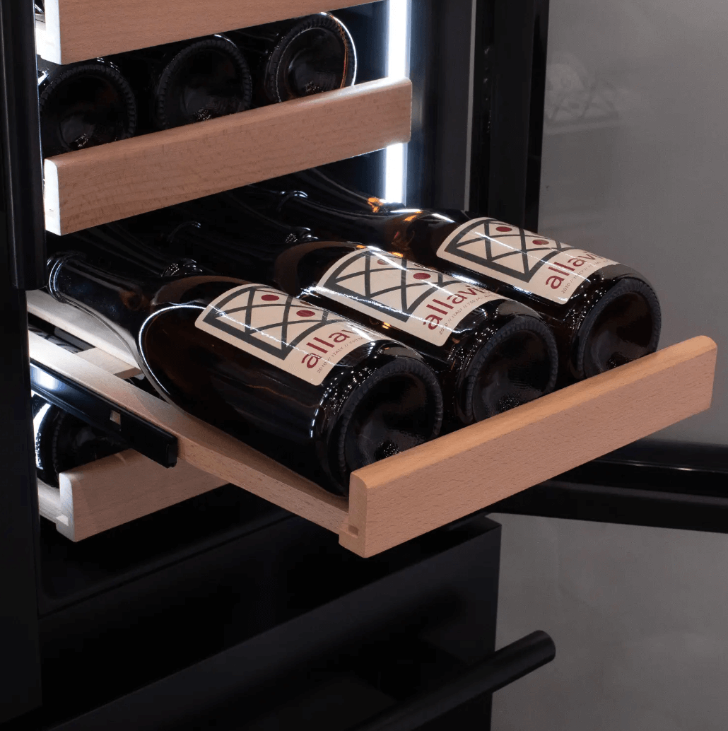 Allavino 100 Bottle Black French Doors Dual Zone Wine Refrigerator with Two Refrigerated Drawers image of shelf pulled out with wine bottles