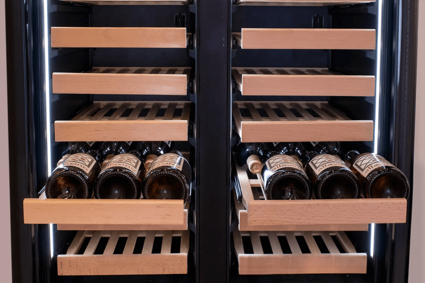 Allavino 100 Bottle Black French Doors Dual Zone Wine Refrigerator with Two Refrigerated Drawers