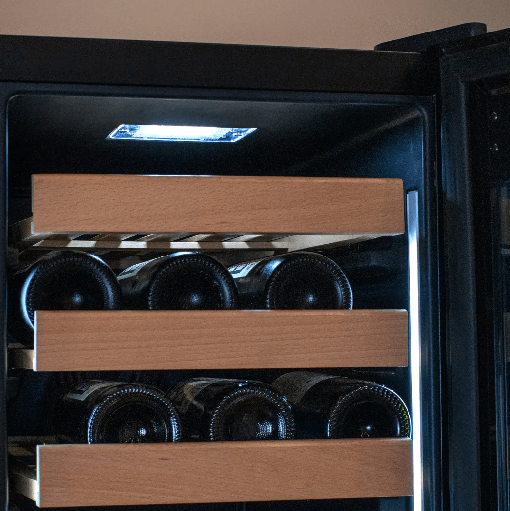 Allavino 100 Bottle Black French Doors Dual Zone Wine Refrigerator with Two Refrigerated Drawers image of interior lighting