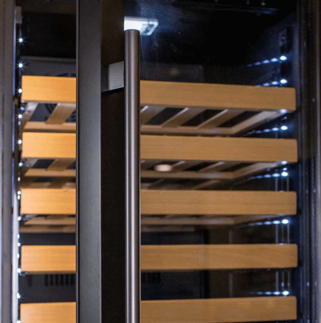 Allavino 100 Bottle Black French Doors Dual Zone Wine Refrigerator with Two Refrigerated Drawers image of interior lighting