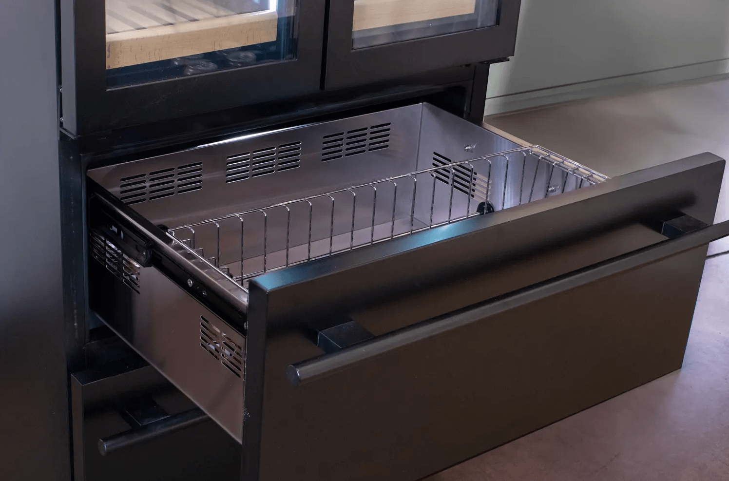 Allavino 100 Bottle Black French Doors Dual Zone Wine Refrigerator with Two Refrigerated Drawers image of lower drawer pulled out