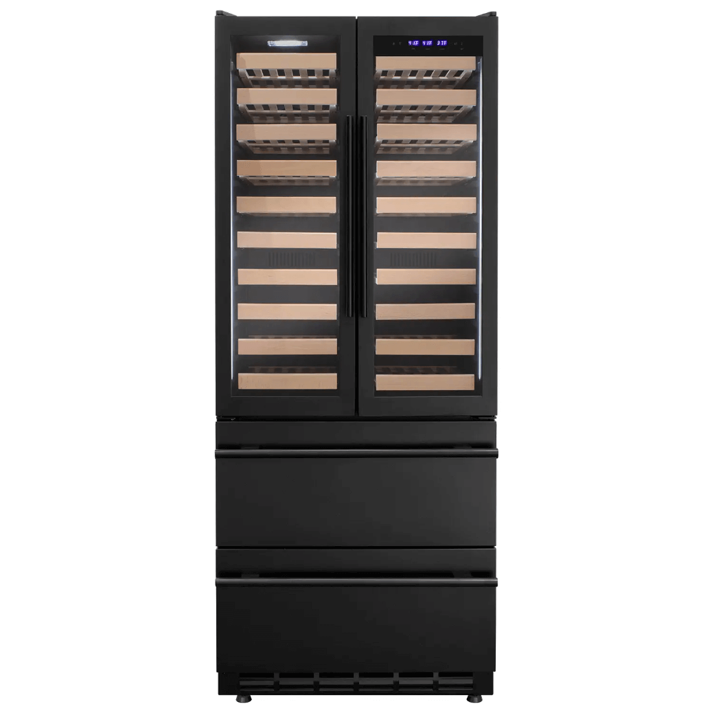 Allavino 100 Bottle Black French Doors Dual Zone Wine Refrigerator with Two Refrigerated Drawers