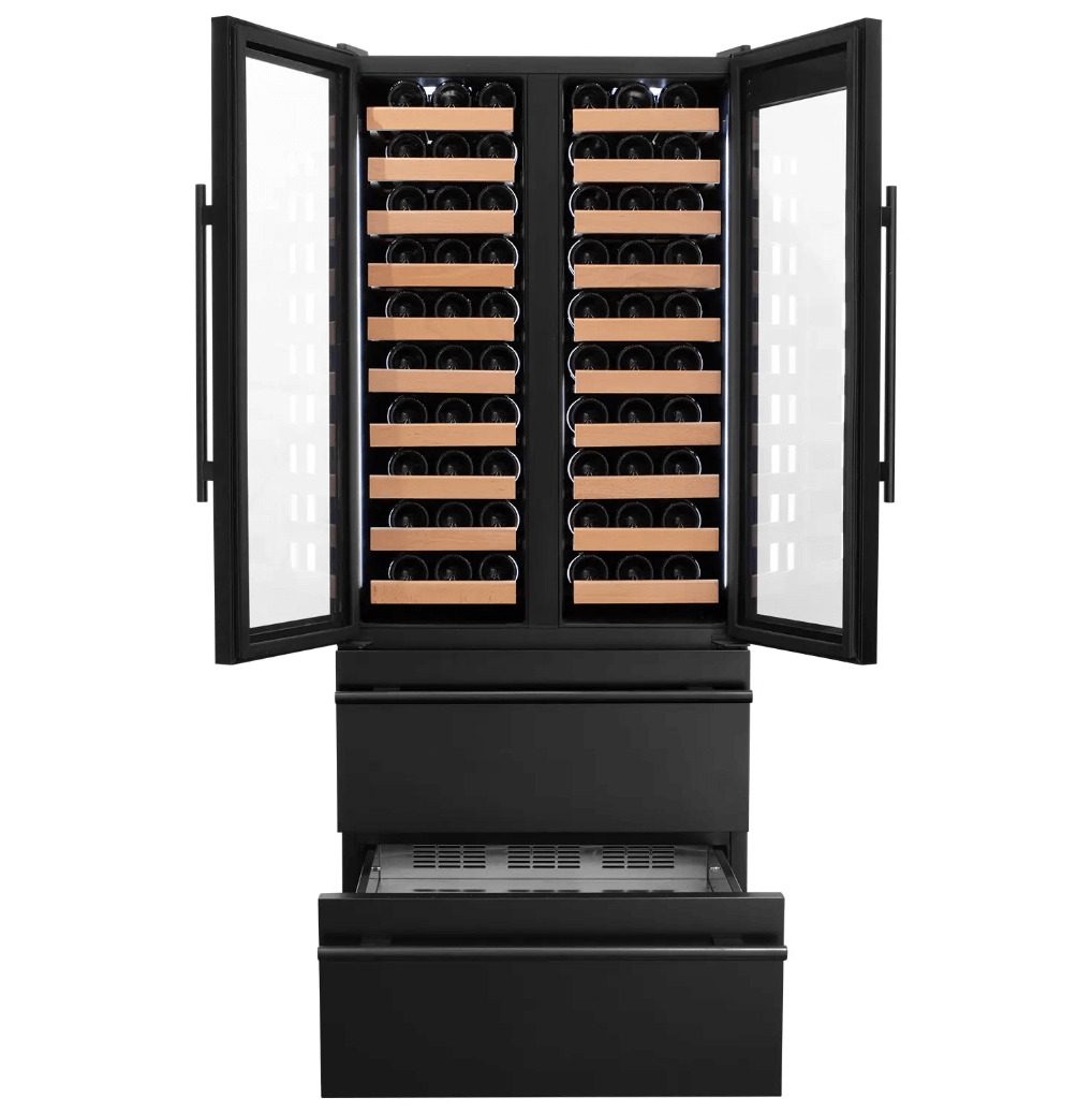 Allavino 100 Bottle Black French Doors Dual Zone Wine Refrigerator with Two Refrigerated Drawers