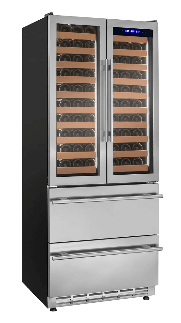 Allavino 100 Bottle Black French Doors Dual Zone Wine Refrigerator with Two Refrigerated Drawers