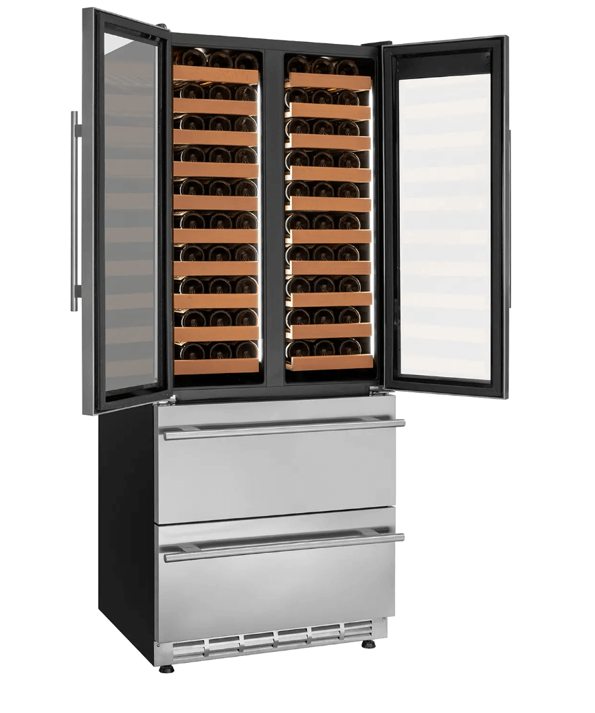 Allavino 100 Bottle Black French Doors Dual Zone Wine Refrigerator with Two Refrigerated Drawers