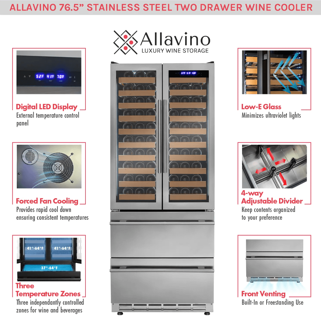 Allavino 100 Bottle Black French Doors Dual Zone Wine Refrigerator with Two Refrigerated Drawers image of product brochure
