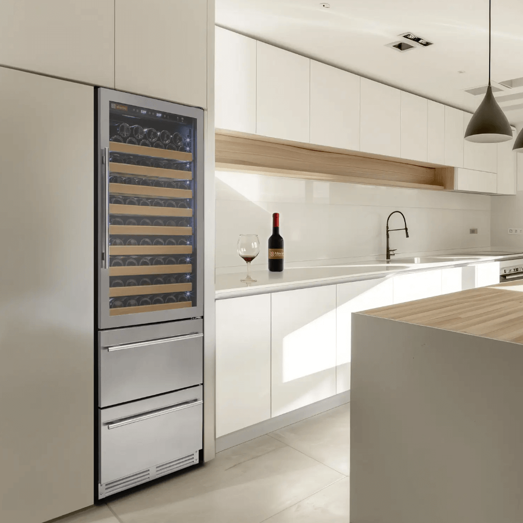 Allavino 100 Bottle Black French Doors Dual Zone Wine Refrigerator with Two Refrigerated Drawers image of unit built into cabinet