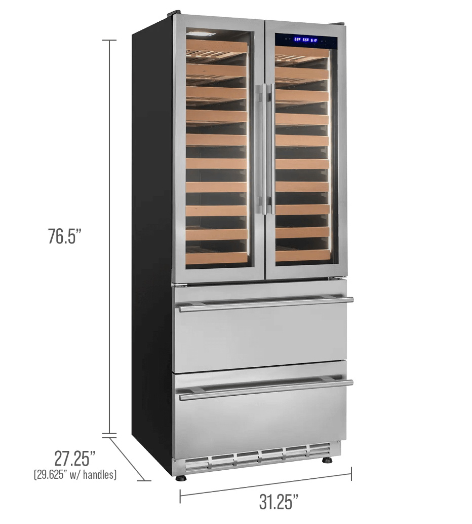 Allavino 100 Bottle Black French Doors Dual Zone Wine Refrigerator with Two Refrigerated Drawers image of lower drawer pulled out
