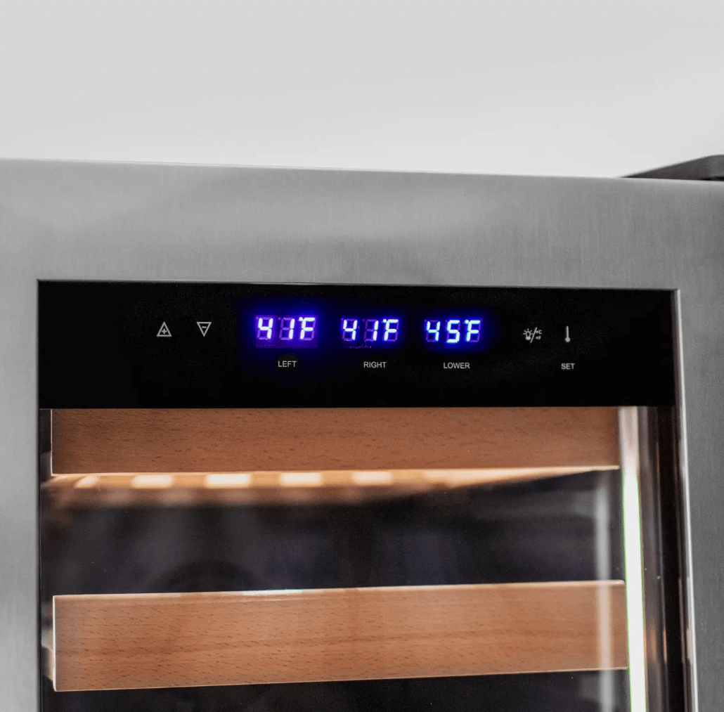 Allavino 100 Bottle Black French Doors Dual Zone Wine Refrigerator with Two Refrigerated Drawers image of interior lighting