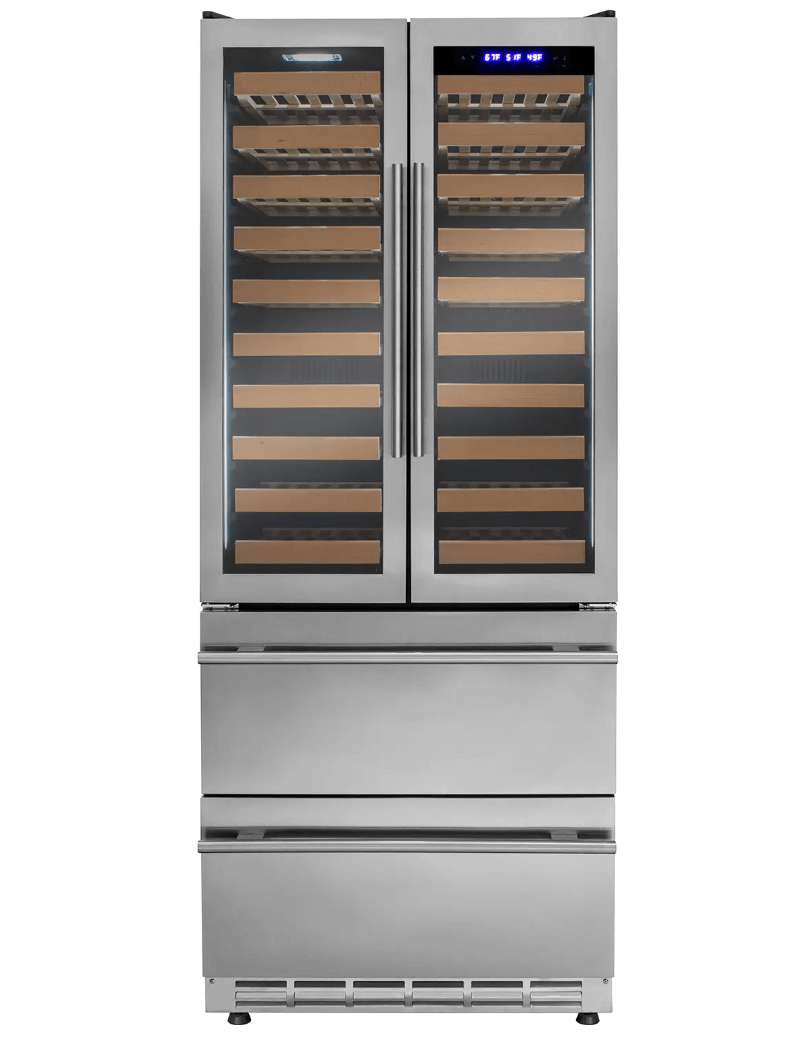 Allavino 100 Bottle Black French Doors Dual Zone Wine Refrigerator with Two Refrigerated Drawers