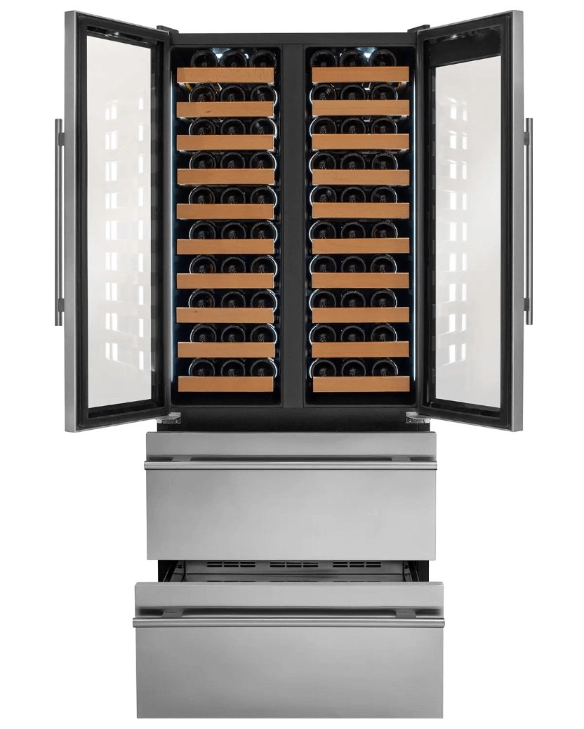 Allavino 100 Bottle Black French Doors Dual Zone Wine Refrigerator with Two Refrigerated Drawers