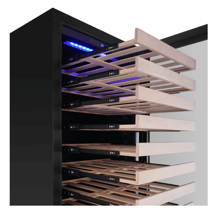 Kings Bottle 47-Inch Tall Dual Zone 91 Bottle Wine Cooler with Low-E Glass Door image of shelves pulled out