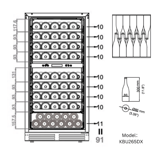 Kings Bottle 47-Inch Tall Dual Zone 91 Bottle Wine Cooler with Low-E Glass Door image of bottle storage diagram