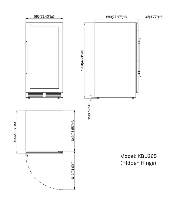 Kings Bottle 47-Inch Tall Dual Zone 91 Bottle Wine Cooler with Low-E Glass Door image of unit dimensions