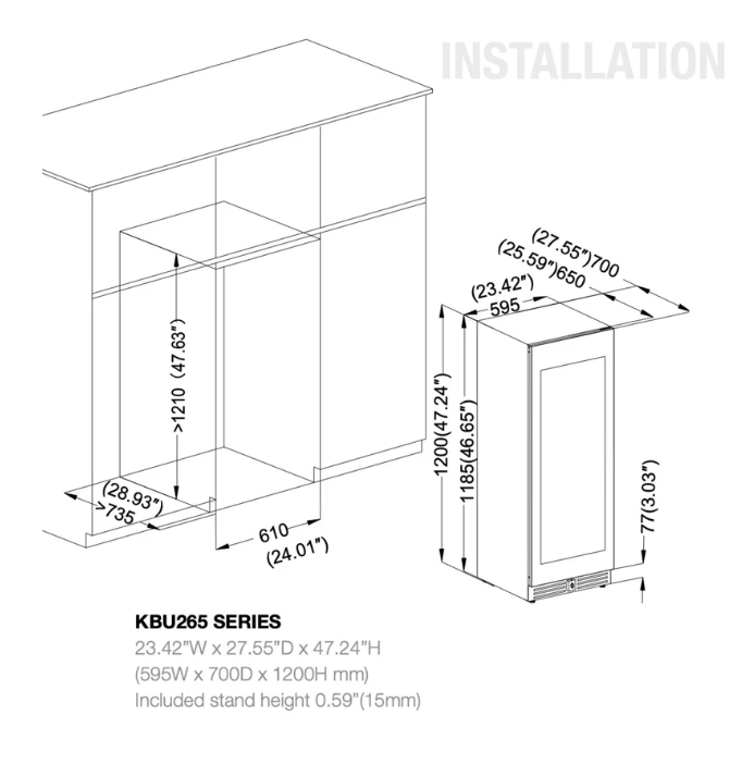 Kings Bottle 47-Inch Tall Dual Zone 91 Bottle Wine Cooler with Low-E Glass Door image of unit dimensions