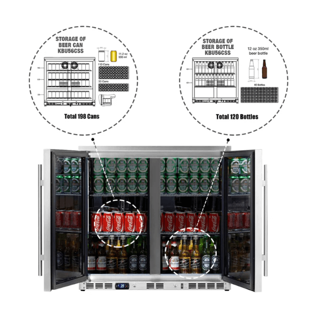 Kings Bottle 36-Inch Heating Glass Dual Door Built In Beverage Fridge KBU56M image of product brochure