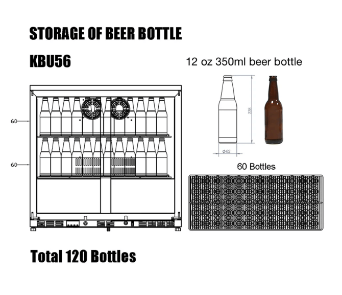 Kings Bottle 36-Inch Heating Glass Dual Door Built In Beverage Fridge KBU56M diagram of bottle layout