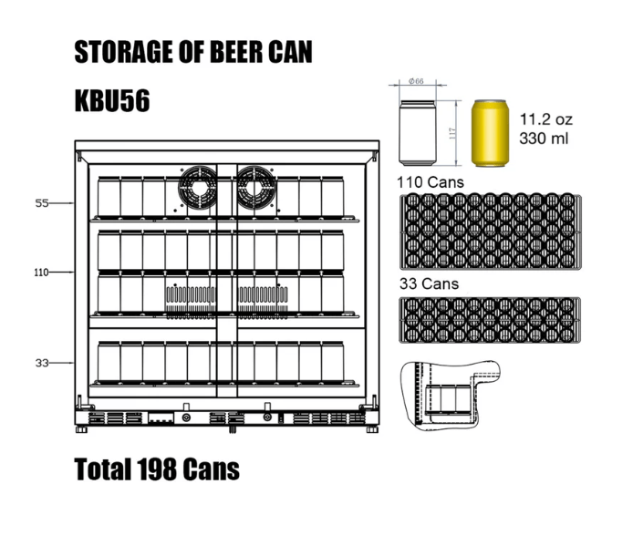Kings Bottle 36-Inch Heating Glass Dual Door Built In Beverage Fridge KBU56M diagram of can layout