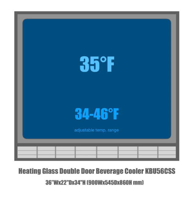 Kings Bottle 36-Inch Heating Glass Dual Door Built In Beverage Fridge KBU56M image temperature readout