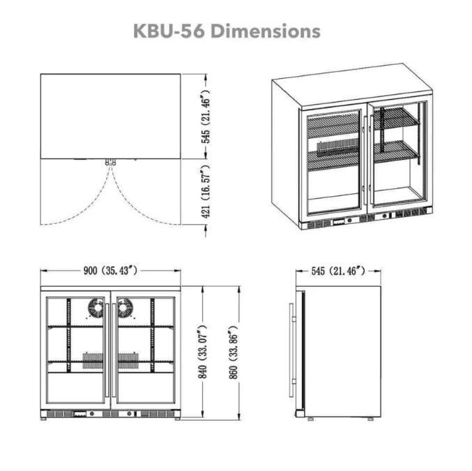 Kings Bottle 36-Inch Heating Glass Dual Door Built In Beverage Fridge KBU56M image of unit dimensions