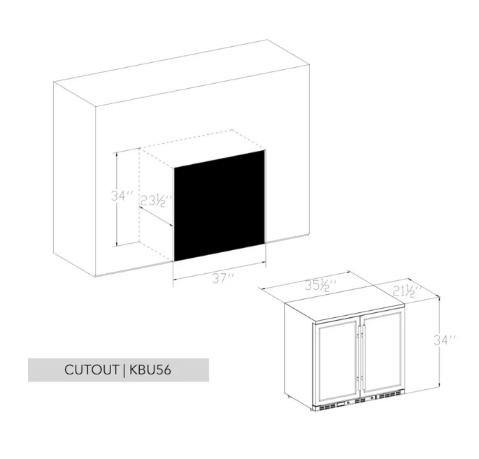 Kings Bottle 36-Inch Heating Glass Dual Door Built In Beverage Fridge KBU56M image of unit dimensions