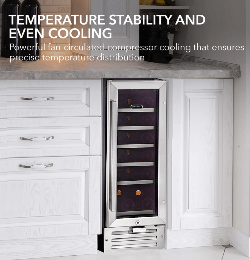 Whynter BWR-18SD 12″ 18 Bottle Compressor Built-In Wine Refrigerator image of unit built into cabinet