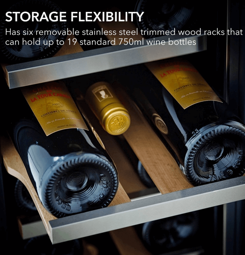 Whynter BWR-18SD 12″ 18 Bottle Compressor Built-In Wine Refrigerator image of wine bottles on shelf