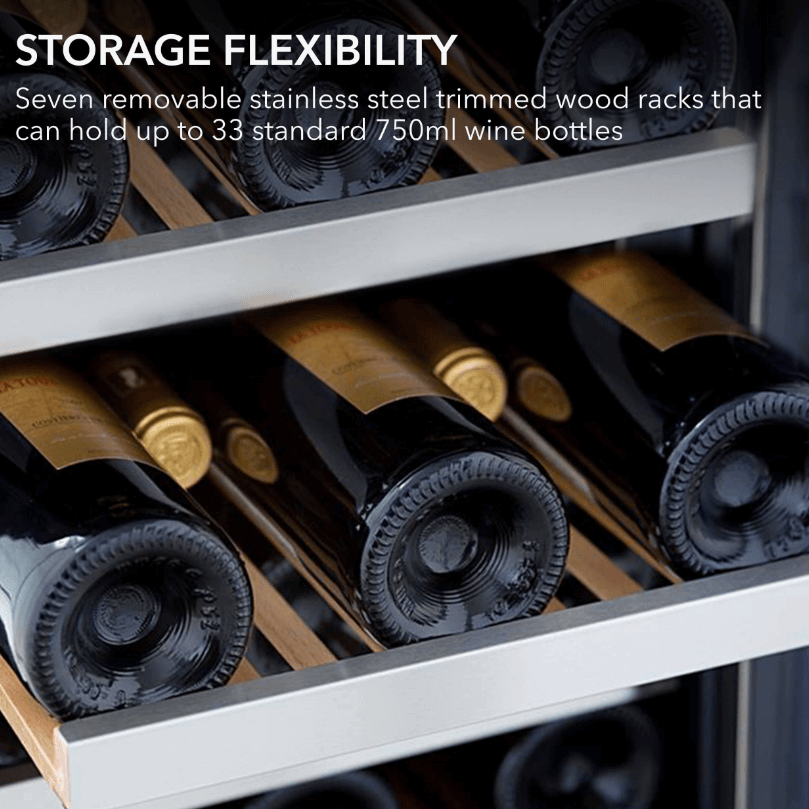 Whynter BWR-33SD 15″ 33 Bottle Compressor Built-In Wine Refrigerator image of wine bottles on shelf