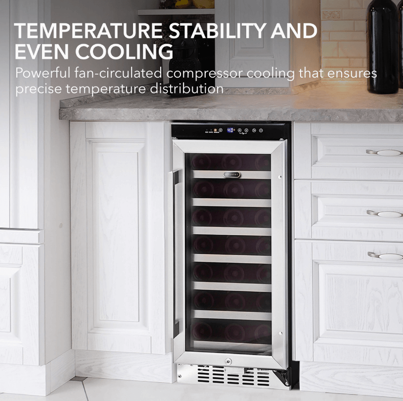 Whynter BWR-33SD 15″ 33 Bottle Compressor Built-In Wine Refrigerator image of unit built into cabinet