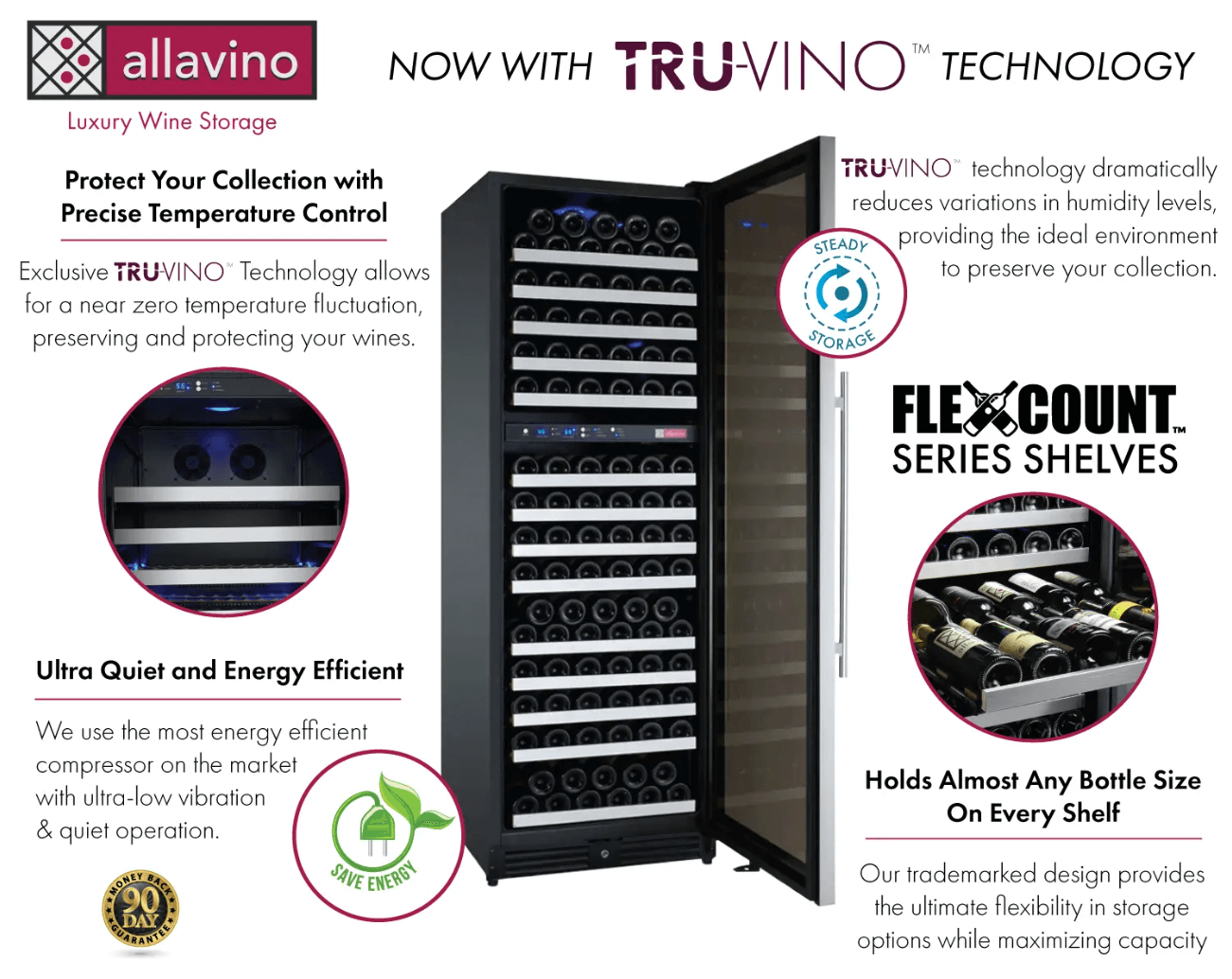 Allavino FlexCount Series 172 Bottle Dual Zone Built-in Wine Cooler Refrigerator w/Stainless Steel Door image of product description