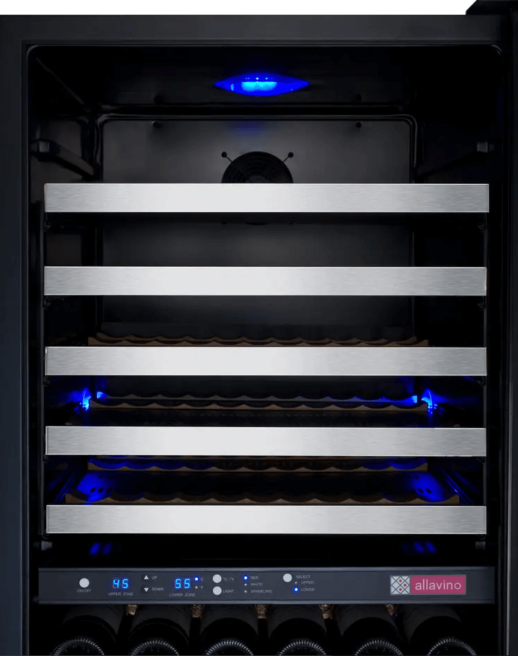Allavino FlexCount Series 172 Bottle Dual Zone Built-in Wine Cooler Refrigerator w/Stainless Steel Door image of wine shelves