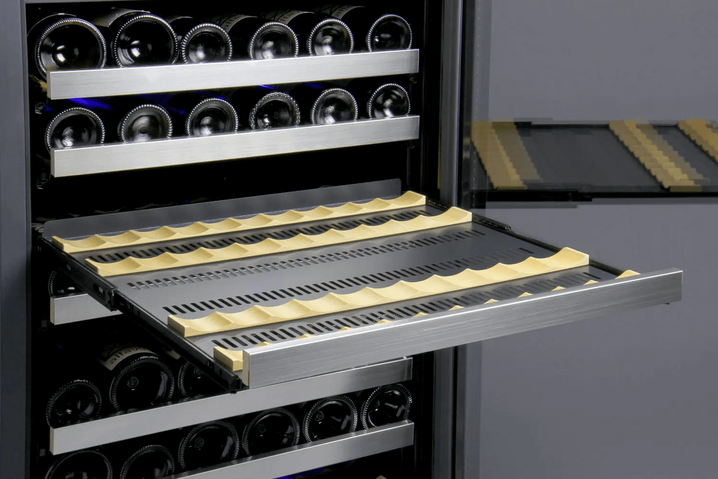 Allavino FlexCount Series 172 Bottle Dual Zone Built-in Wine Cooler Refrigerator w/Stainless Steel Door image of wine shelf