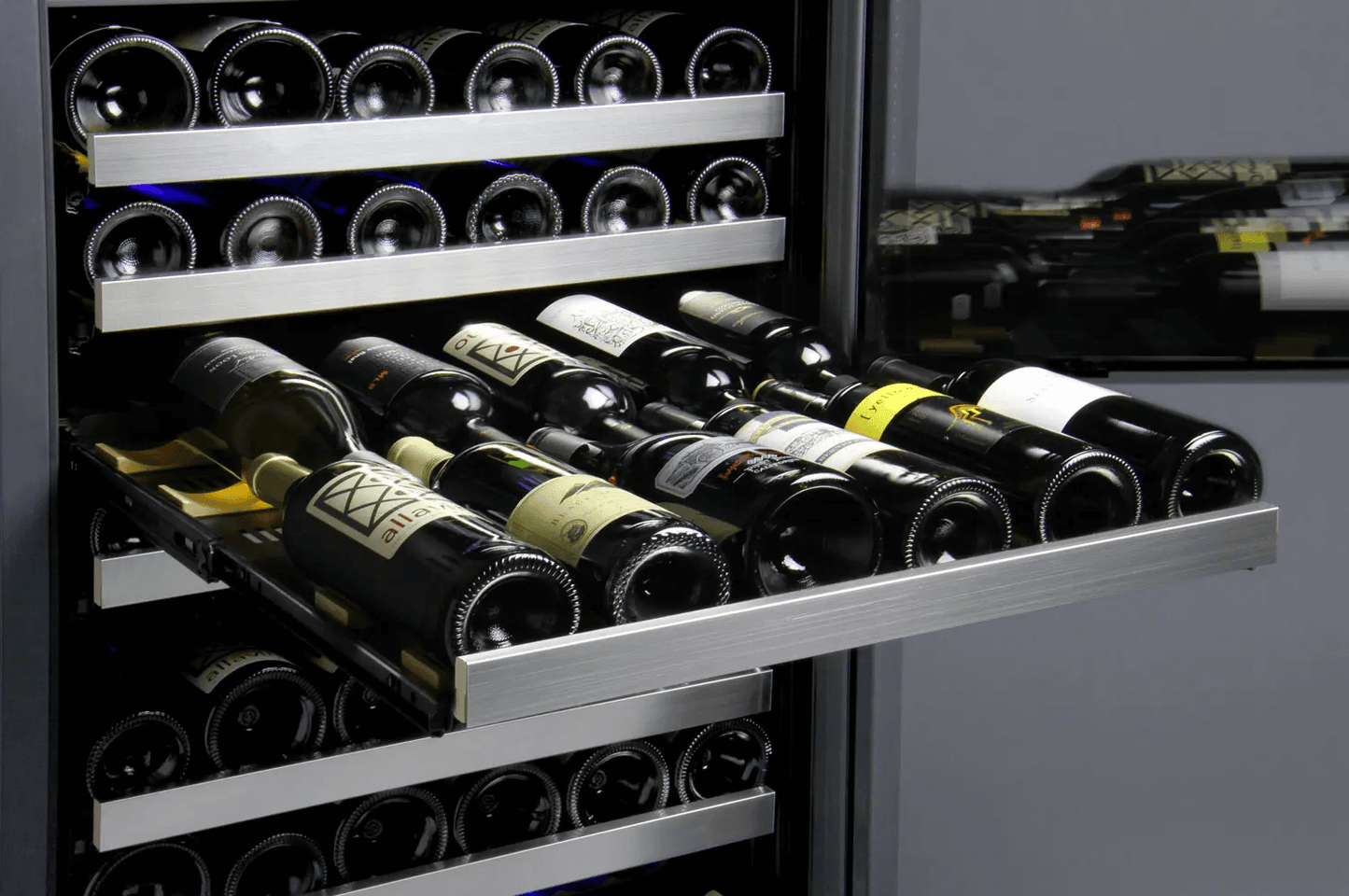 Allavino FlexCount Series 172 Bottle Dual Zone Built-in Wine Cooler Refrigerator w/Stainless Steel Door image of wine shelf with wine bottles