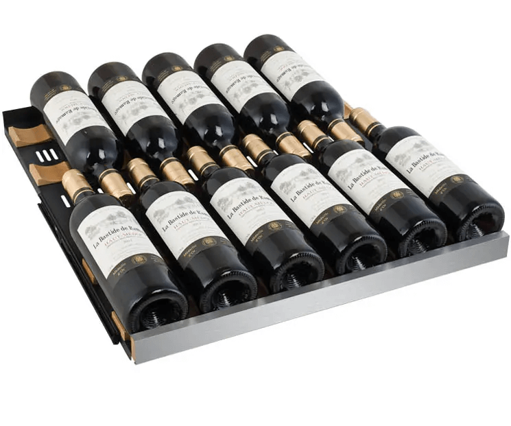 Allavino FlexCount Series 172 Bottle Dual Zone Built-in Wine Cooler Refrigerator w/Stainless Steel Door image of wine shelf with wine bottles
