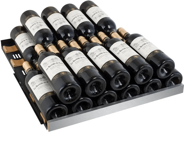 Allavino FlexCount Series 172 Bottle Dual Zone Built-in Wine Cooler Refrigerator w/Stainless Steel Door image of wine shelf with wine bottles