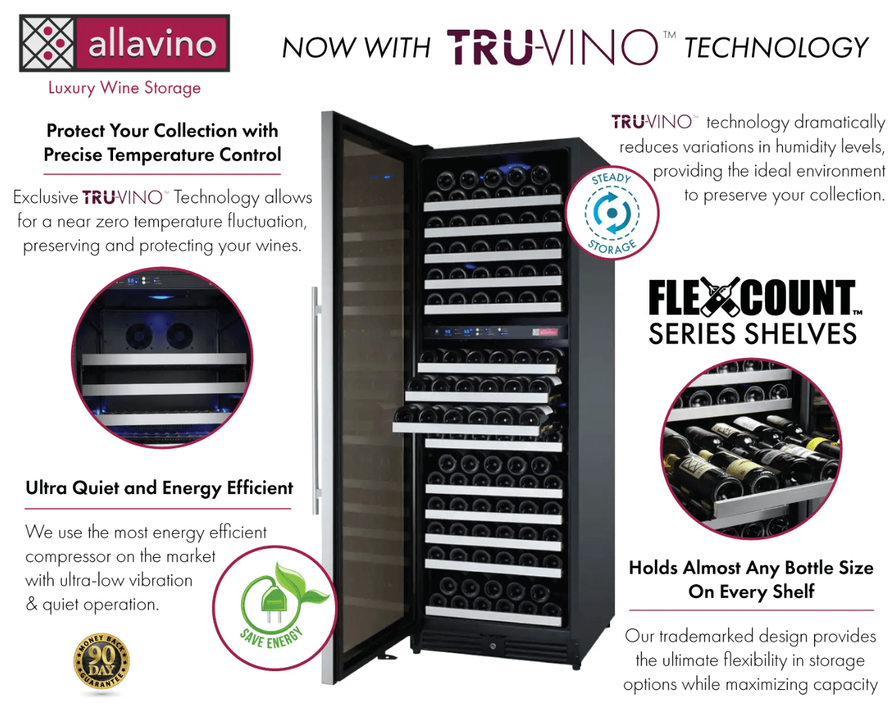 Allavino FlexCount Series 172 Bottle Dual Zone Built-in Wine Cooler Refrigerator w/Stainless Steel Door image of product description