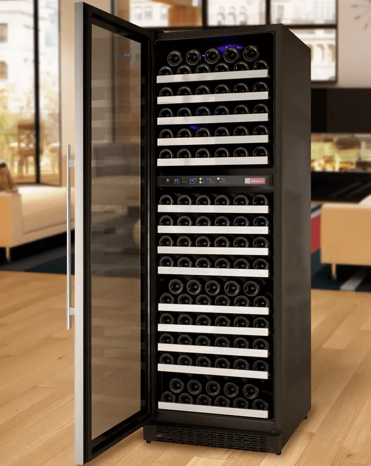 Allavino FlexCount Series 172 Bottle Dual Zone Built-in Wine Cooler Refrigerator w/Stainless Steel Door image of wine shelf with wine bottles