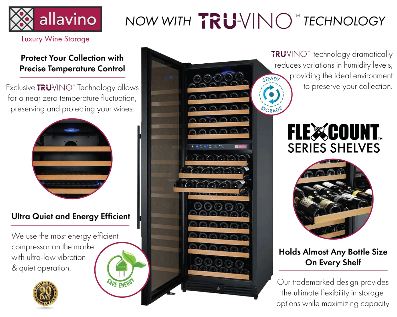 Allavino FlexCount Series 172 Bottle Dual Zone Built-in Wine Cooler Refrigerator w/Black Door image of product description