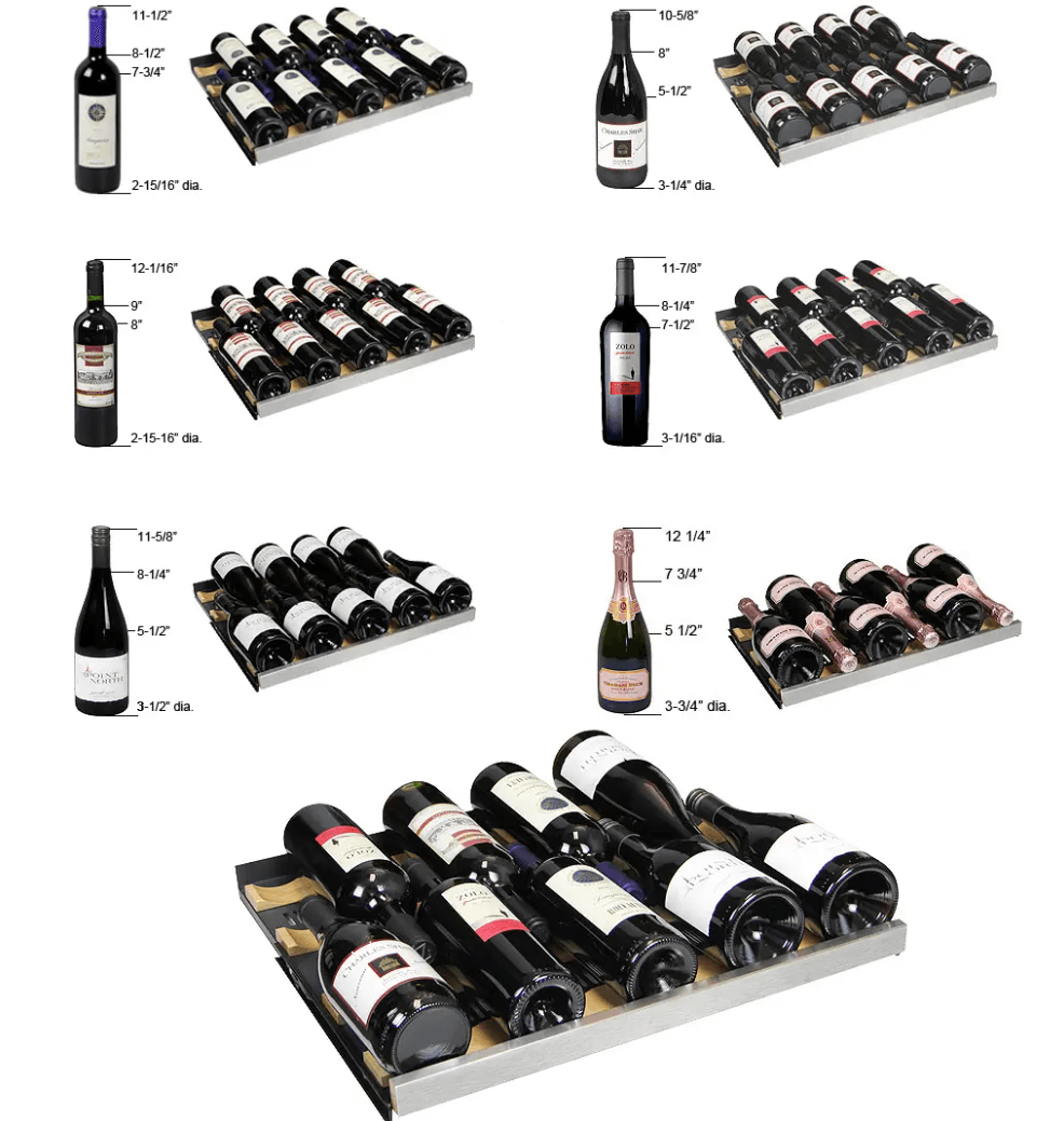 Allavino FlexCount Series 172 Bottle Dual Zone Built-in Wine Cooler Refrigerator w/Black Door image of wine bottle diagram