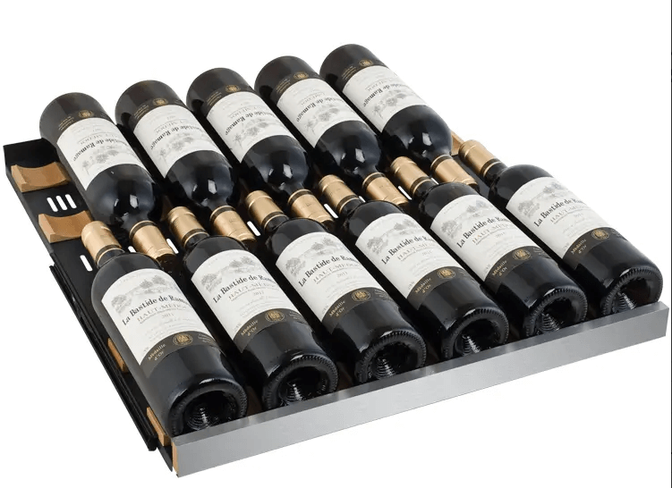 Allavino FlexCount Series 172 Bottle Dual Zone Built-in Wine Cooler Refrigerator w/Black Door image of wine shelf with wine bottles