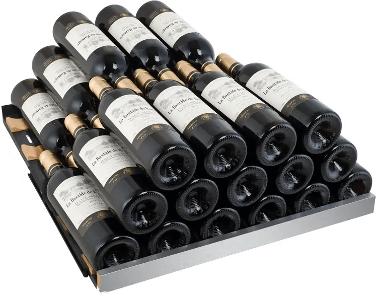 Allavino FlexCount Series 172 Bottle Dual Zone Built-in Wine Cooler Refrigerator w/Black Door image of wine shelf with wine bottles