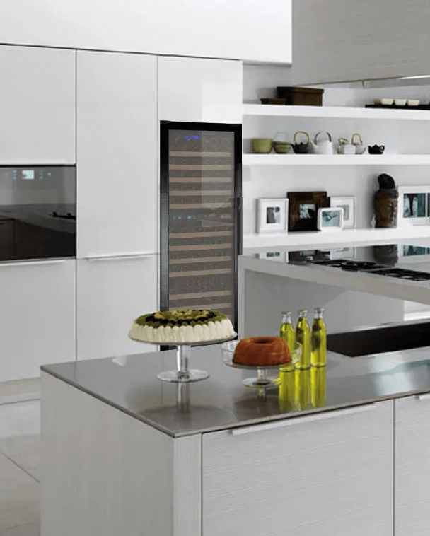 Allavino FlexCount Series 172 Bottle Dual Zone Built-in Wine Cooler Refrigerator w/Black Door image of unit built into cabinet