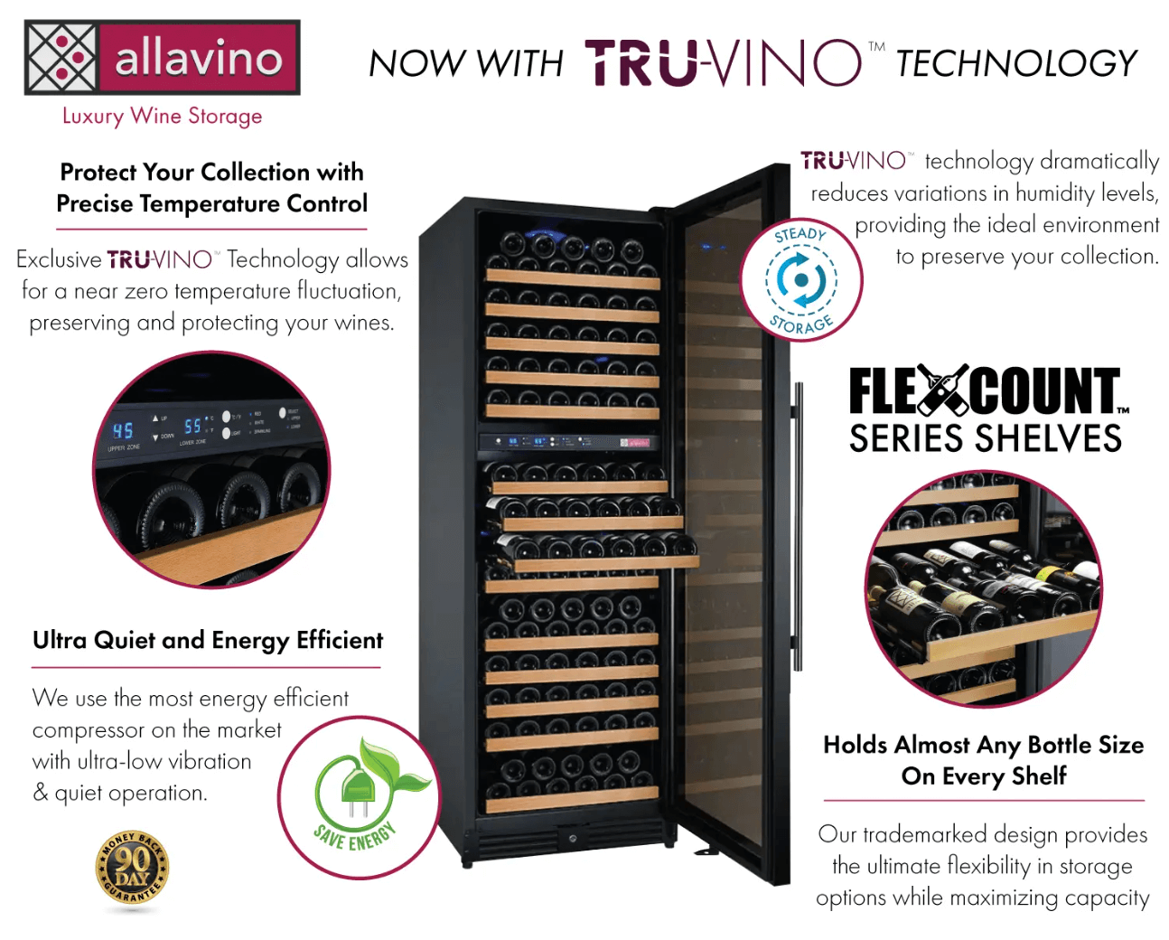 Allavino FlexCount Series 172 Bottle Dual Zone Built-in Wine Cooler Refrigerator w/Black Door image of product description